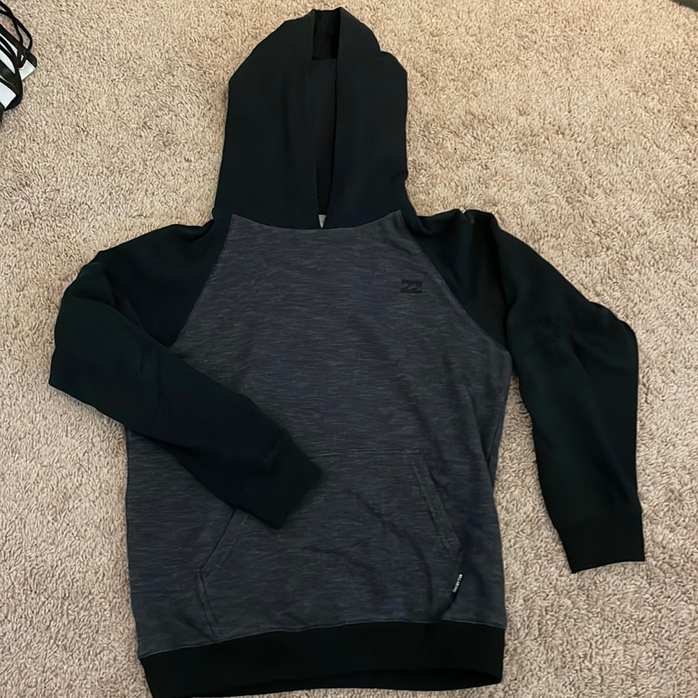 Black and grey striped billabong hoodie size boys large